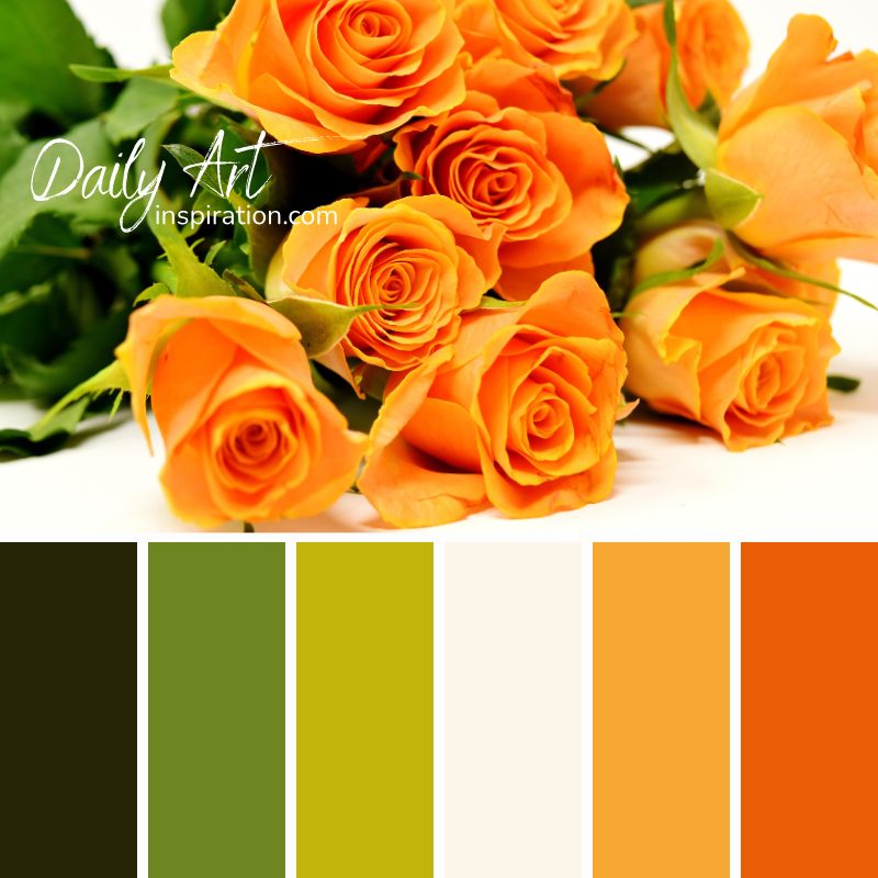 orange and green color combination, natural color palette, orange rose color, flower color palette, warm color palette