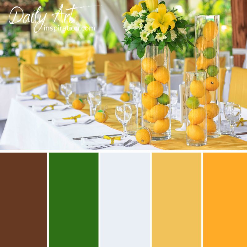 28_yellow_and_orange_color_palettes_for_inspiration (21) mediterranean wedding color palette, yellow, green, brown color combination